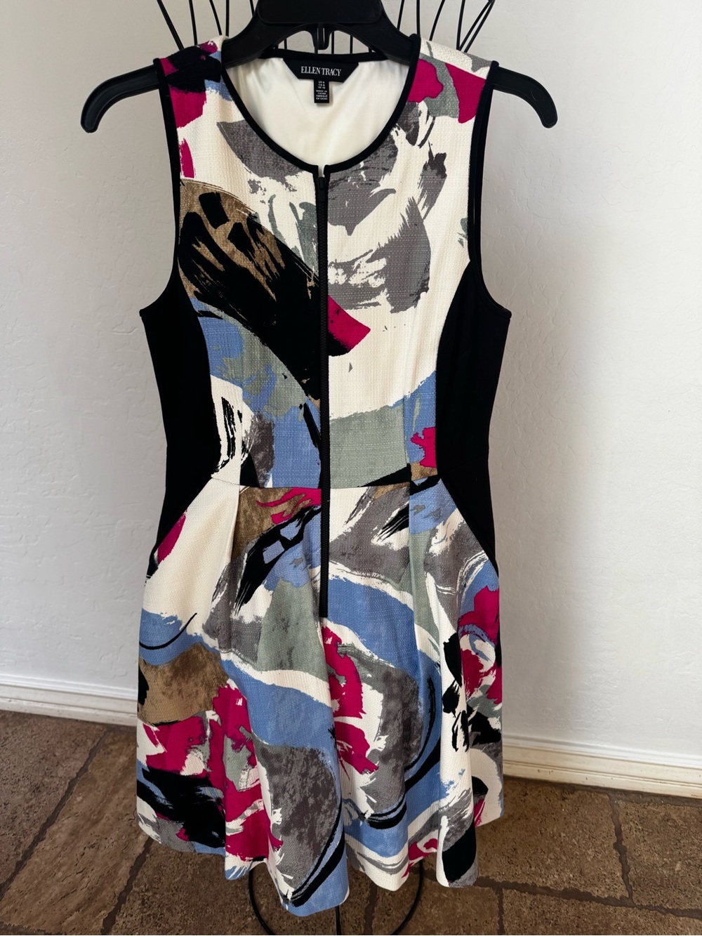 Ellen Tracy Abstract Fit-and-Flare Dress in White, Pink, Blue & Black